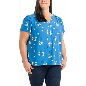 Blue Floral Blouse XXL Lightweight V Neck Top